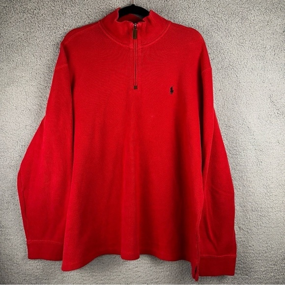 Polo Ralph Lauren Sweater Mens 2XL Red Mesh Knit Black Pony Cotton Quarter Zip - Picture 1 of 9